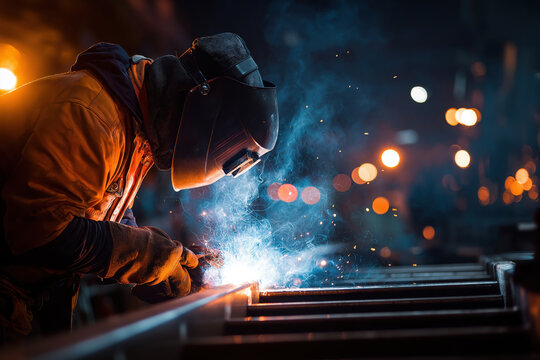 Steel beams being welded in a workshop with vibrant sparks flying in a smoky atmosphere at night, highlighting a skilled welder in safety gear