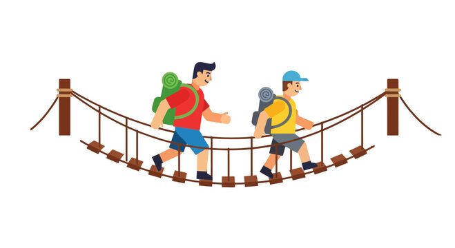 Two Figures Traverse Suspended Bridge, Embarking on Adventurous Journey in Uncharted Territory
