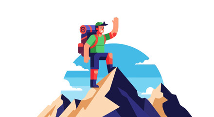 Triumphant Hiker On Summit Reaching Success Exploring Mountain Adventure Artwork