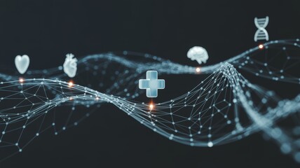 Global Healthcare Network with AI Data Flow. minimalist icons representing healthcare: a heart, a brain, a plus sign medical cross, and DNA. Represents AI connecting patient data, global health