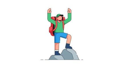 Triumphant Hiker On Summit Reaching Success Represented In A Clean Minimalist Illustration
