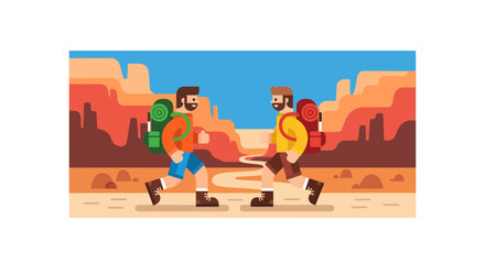 Two Friends Enjoying A Scenic Hike Through the Desert Wilderness Under a Clear Sky