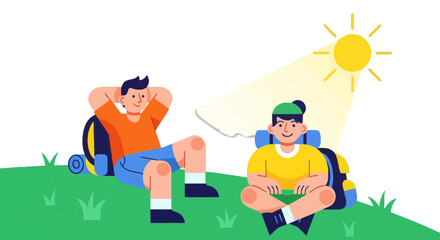 Two Friends Enjoying A Sunny Day Outdoors Together While Hiking with Backpacks