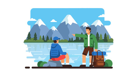 Two Friends Enjoying A Scenic Mountain View While Hiking Adventure Together