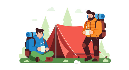 Two Friends Enjoying Camping Trip, Relaxing With Coffee Near The Tent at Night