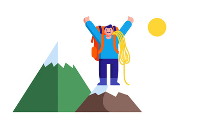 Triumphant Hiker On Summit Reaching Success While Celebrating The Mountain Ascend