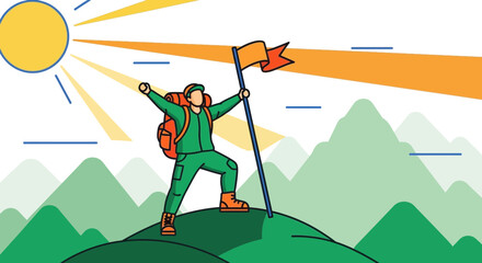 Triumphant Hiker On Summit Reaching Success While Celebrating The Wonderful Achievement