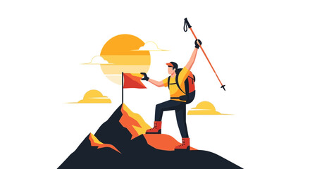 Triumphant Hiker On Summit Reaching Success While Climbing Mountain Under The Sunset