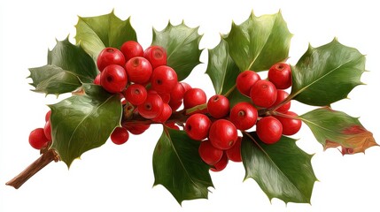 european holly branch with clusters of bright red berries and glossy spiny leaves isolated on clean white background christmas decor natural element holiday symbol