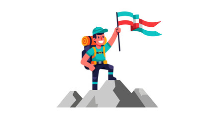 Triumphant Hiker On Summit: Vector Illustration Of Adventure And Success Achieved