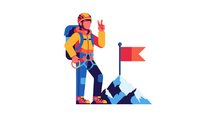 Triumphant Hiker On Summit Reaching Victory Displaying Peace Sign High Up in Mountains