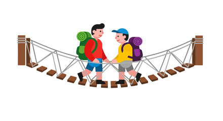 Two Friends Exploring A Suspension Bridge In A Symbolic Cartoon Adventure