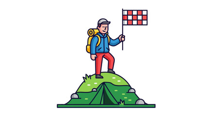 Triumphant Hiker On Summit Symbolically Raises Flag Of Victory At Sunrise