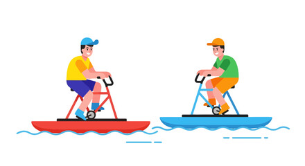 Two Friends Enjoying Water Activities On Creative Pedal Boats Against Black Background