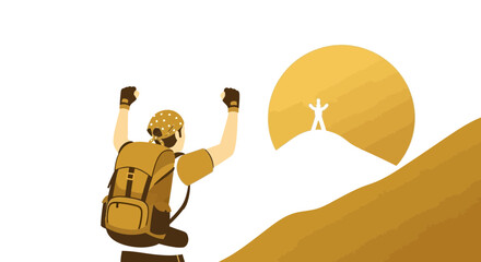 Triumphant Hiker Reaches Summit Overlooking the Glorious Sun with His Backpack