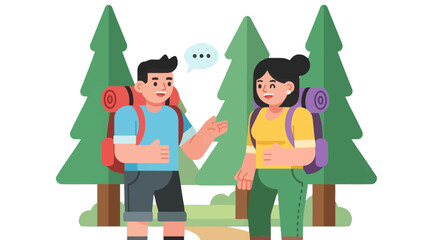 Two Friends Exploring Nature With Backpacks While Having a Conversation Outdoors