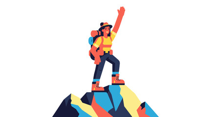Triumphant Hiker Reaching Summit Celebrates Victory on a Mountain Peak in Vector Style