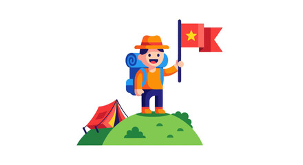 Triumphant Hiker On Summit with Flag: Camping Adventure and Outdoor Exploration Depicted