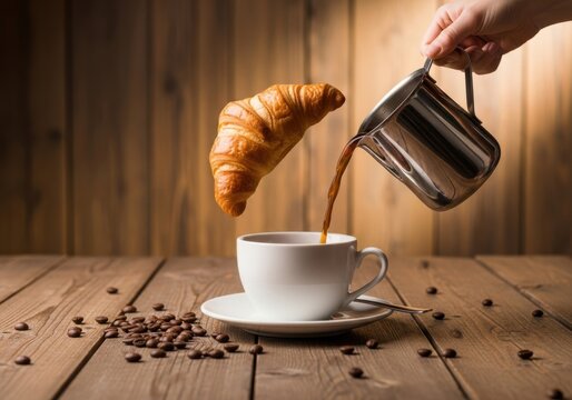 A croissant is being poured into a cup of coffee, with coffee beans scattered on a wooden table - Powered by Adobe