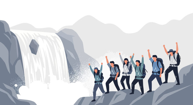 Triumphant Hikers Celebrate A Wilderness Achievement Beside A Stunning Waterfall Cascade
