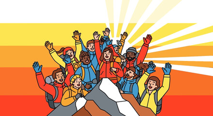 Triumphant Hikers Celebrate Peak Triumph Achieving Goals Together With Joyful Gestures