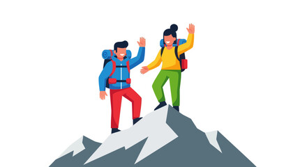 Triumphant Hikers Celebrate Success At Mountain Summit With Backpacks On Black Background