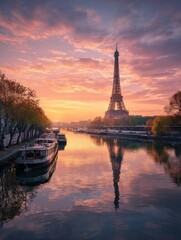 Naklejka premium seine in paris with eiffel tower in sunrise time no logos no brands ar 34