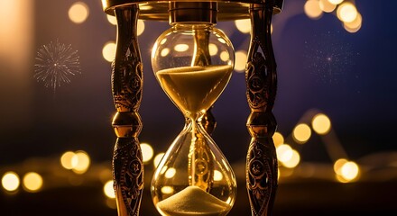 Antique Hourglass with Flowing Sand and Bokeh Lights.