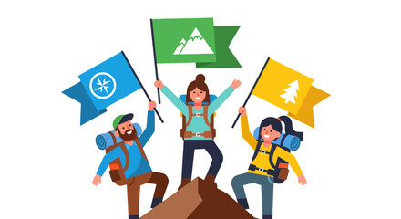 Triumphant Hikers Celebrating Accomplishments Atop a Mountain Peak Adventure