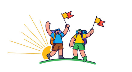 Triumphant Hikers Celebrating Their Adventure on Sunny Ascent in Vivid Illustration