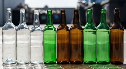 Row of empty glass bottles in various colors and clear liquid.