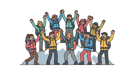 Triumphant Hikers Celebrating Their Peak Achievement With Exuberant Mountain Views