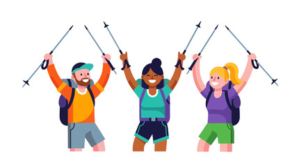 Triumphant Hikers Celebrating Their Nature Adventure With Trekking Poles and Smiles