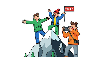 Triumphant Hikers Celebrating Their Summit Win, Capturing Memories on the Peak