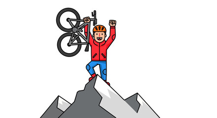 Triumphant Mountain Biker Celebrating Victory While Holding Bicycle on A Summit Peak