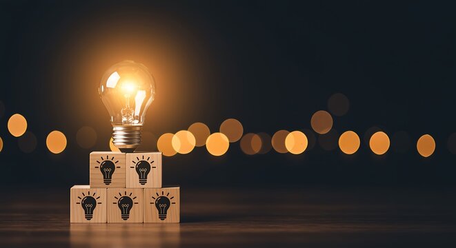 Glowing lightbulb atop blocks symbolizing bright ideas and inspiration source
