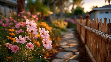 Aesthetic floral fence and cobblestone path high resolution picture
