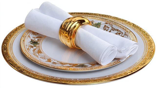 elegant table setting with white napkins gold napkin rings and decorative plate for fine dining decor isolated on transparent background