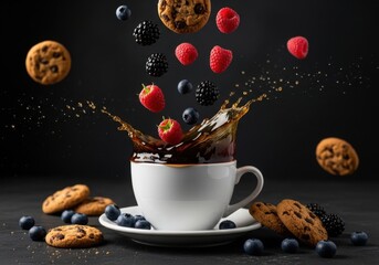 Fresh berries and cookies splashing into a cup of coffee, creating a dynamic and appetizing scene