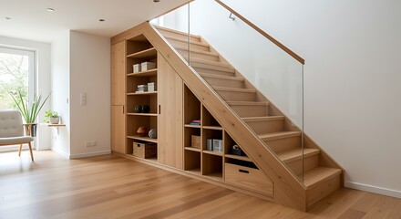 Modern staircase with built in storage and wood flooring design