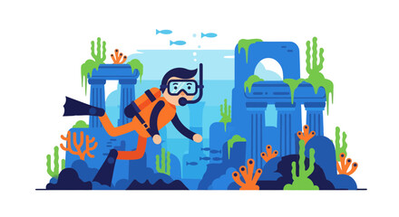 Thrilling Underwater Experience Showcasing Diver Exploring Sunken Ruins Amidst Aquatic Life