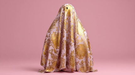 fabric ghost with a golden pattern on light pink background halloween decoration concept or festive holiday greeting card visual for spooky season