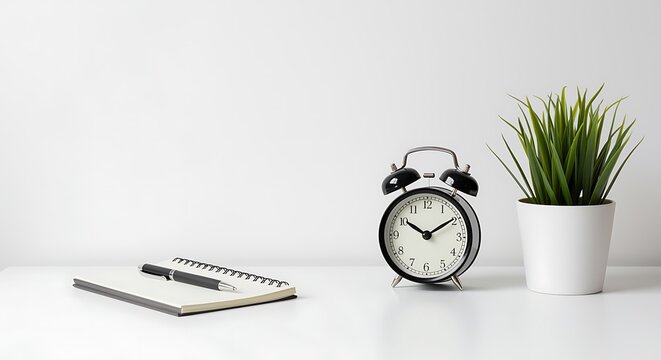 Office desk with notebook pen clock and plant against white background