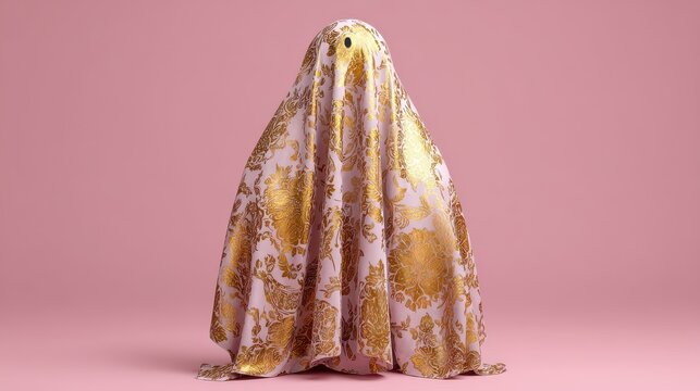 fabric ghost with a golden pattern on light pink background halloween decoration concept or festive holiday greeting card visual for spooky season