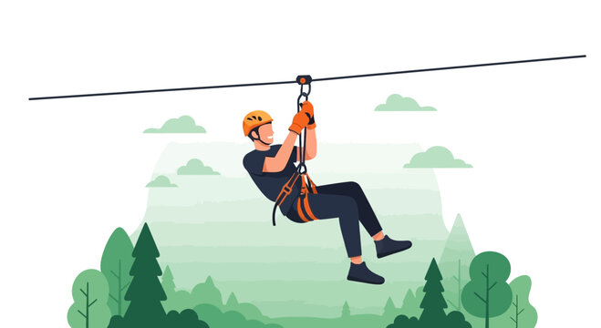 Thrilling Adventure: A Person Zip Lining Through a Lush Green Forest And Clear Skies