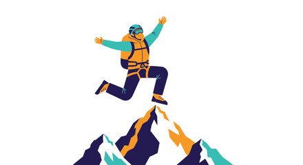 Fototapeta premium Thrilling Ascent: Reaching The Summit, A Climber's Victorious Jump, Mountain Conquest