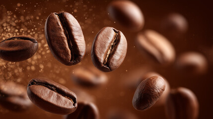 Falling roasted coffee beans on brown background.