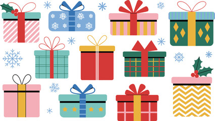 Festive Christmas gift boxes pattern, colorful presents with bows and holly, flat vector illustration, winter holiday background, snowflakes, seamless seasonal design
