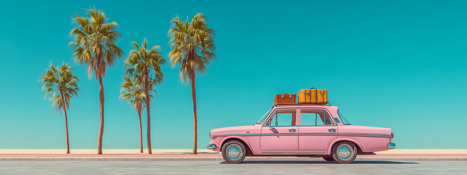Fototapeta A pink vintage car with luggage on the roof driving past palm trees on a sunny day.