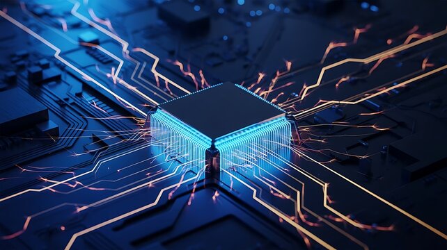 Closeup of a microchip on a circuit board with glowing connections
